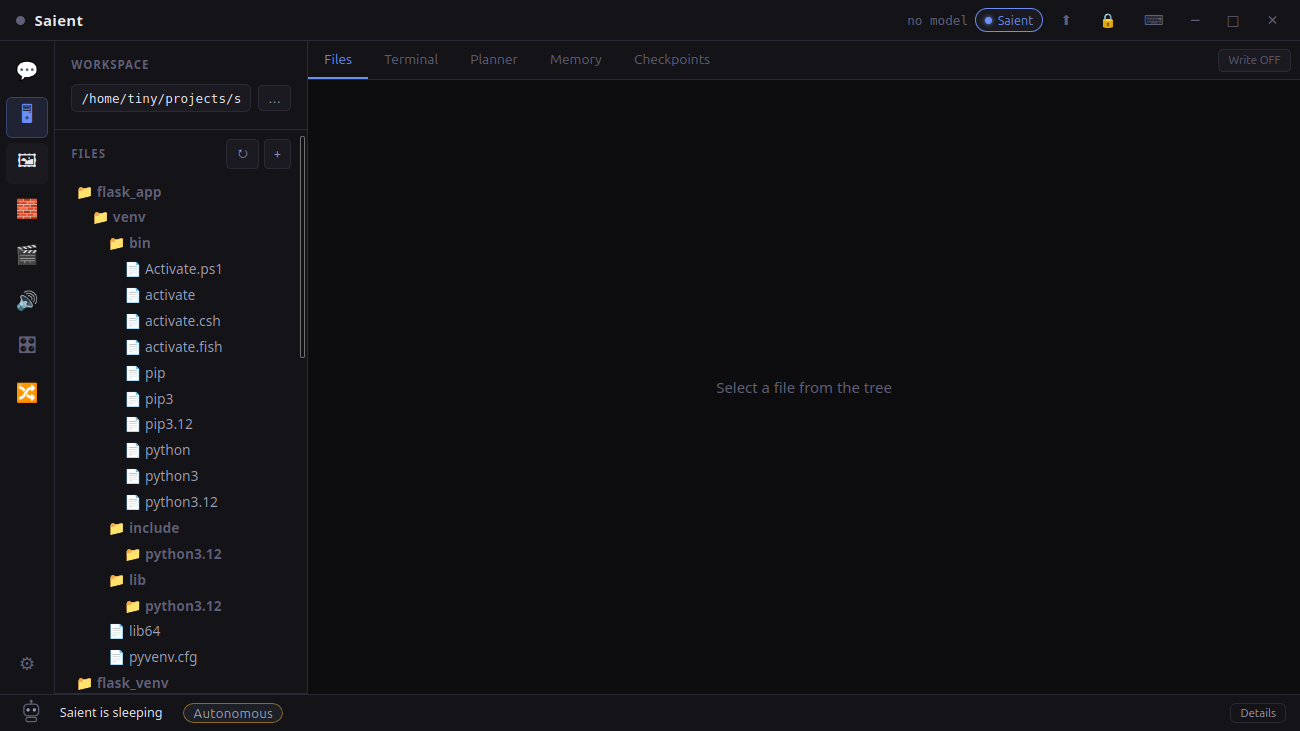 Saient agent workspace with file tree, terminal, planner, memory and checkpoint tabs