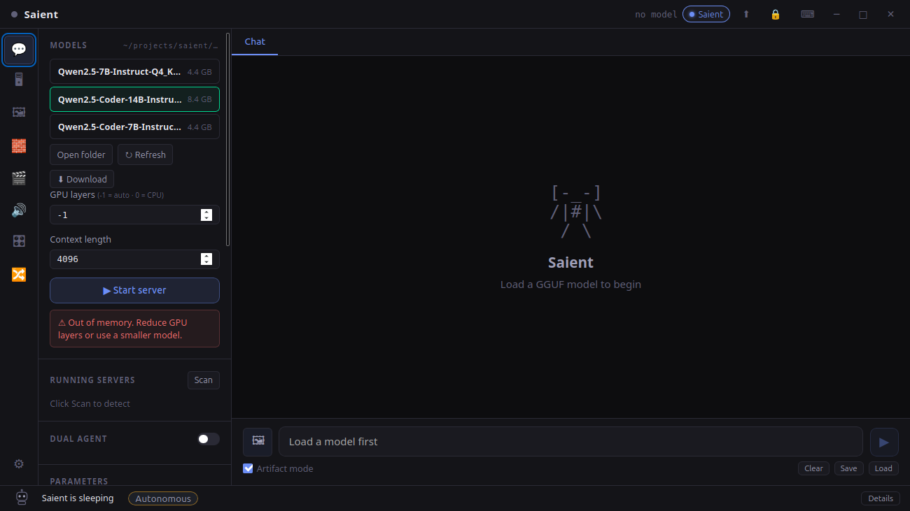 Saient Chat screen listing three local GGUF models with GPU layers, context length and Start server controls