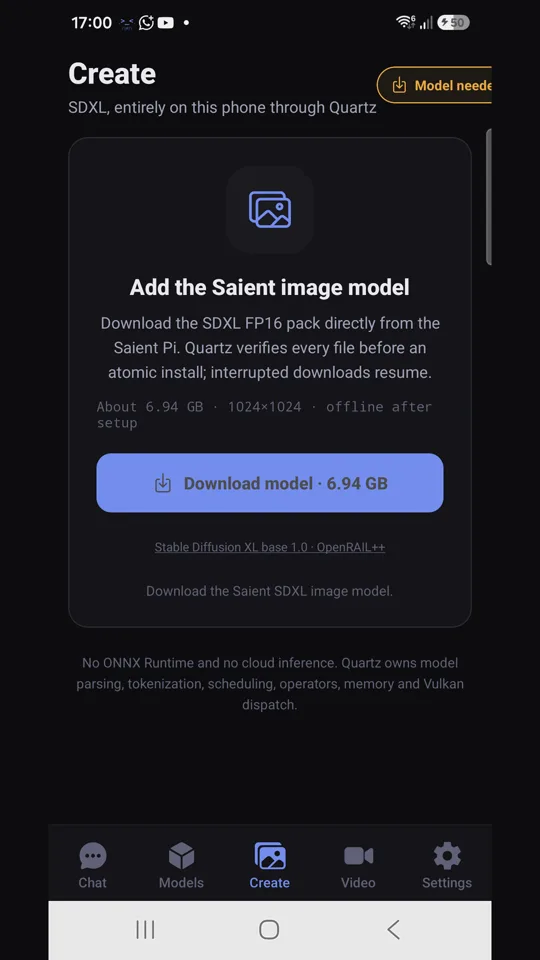 Saient Android app Create screen offering the SDXL FP16 image model download with per-file verification before install.