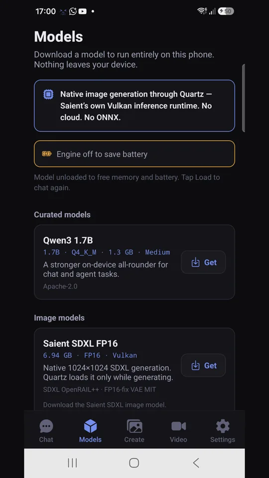 Saient Android app Models screen listing curated on-device models including Qwen3 1.7B and the Saient SDXL FP16 image pack.